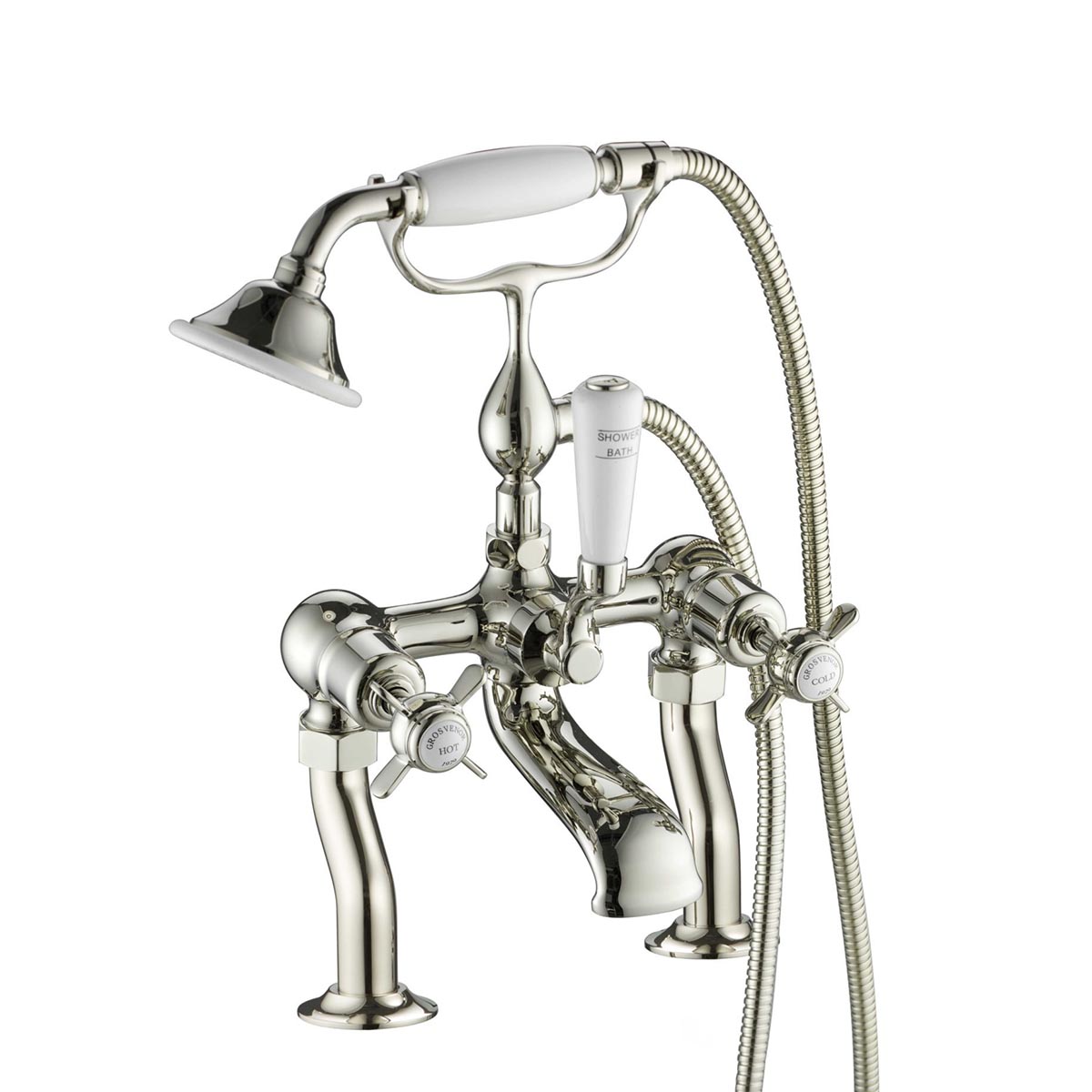 Deck Mounted Bath Shower Mixer with Pinch Handles - Nickel