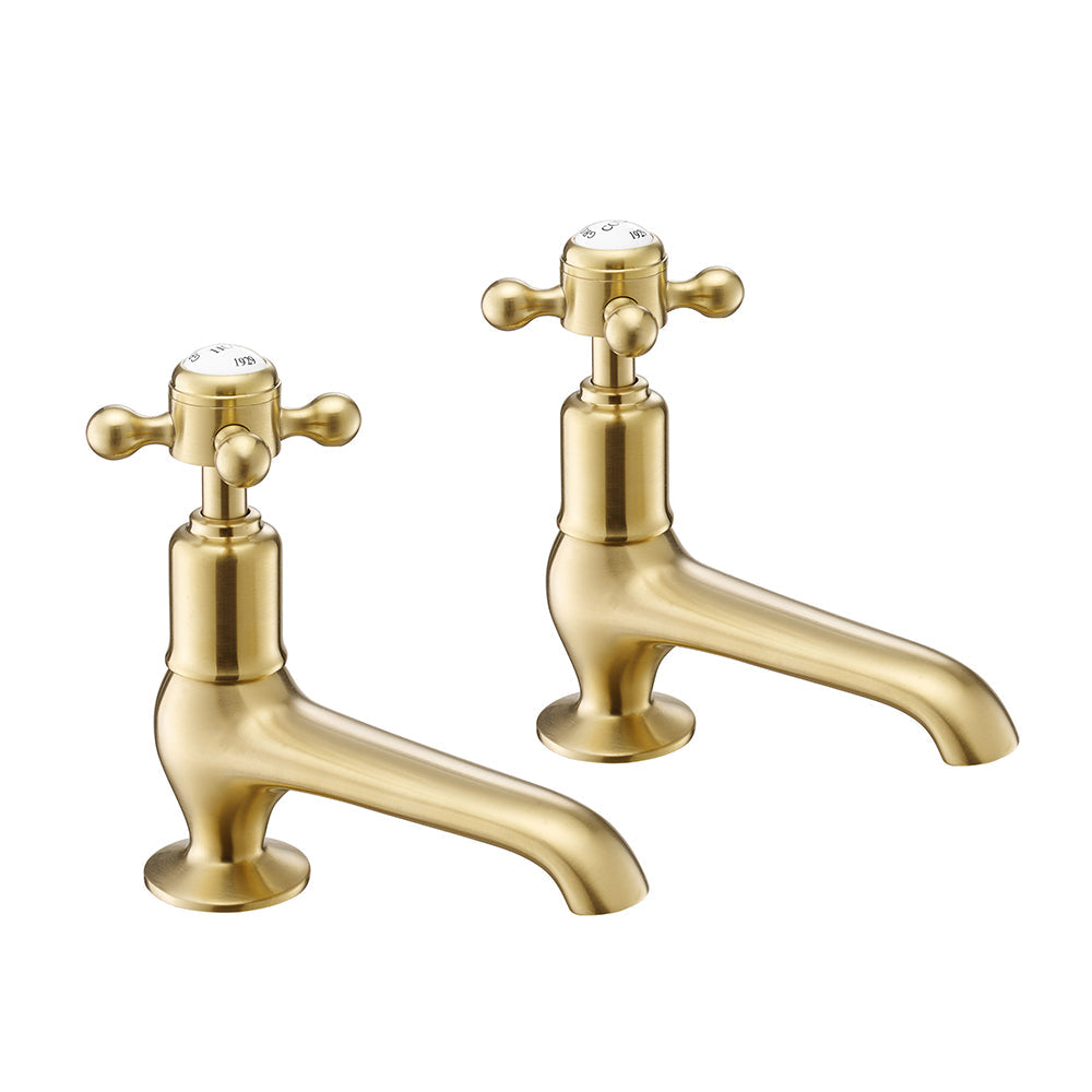 Brushed brass deck-mounted basin pillar tap pair