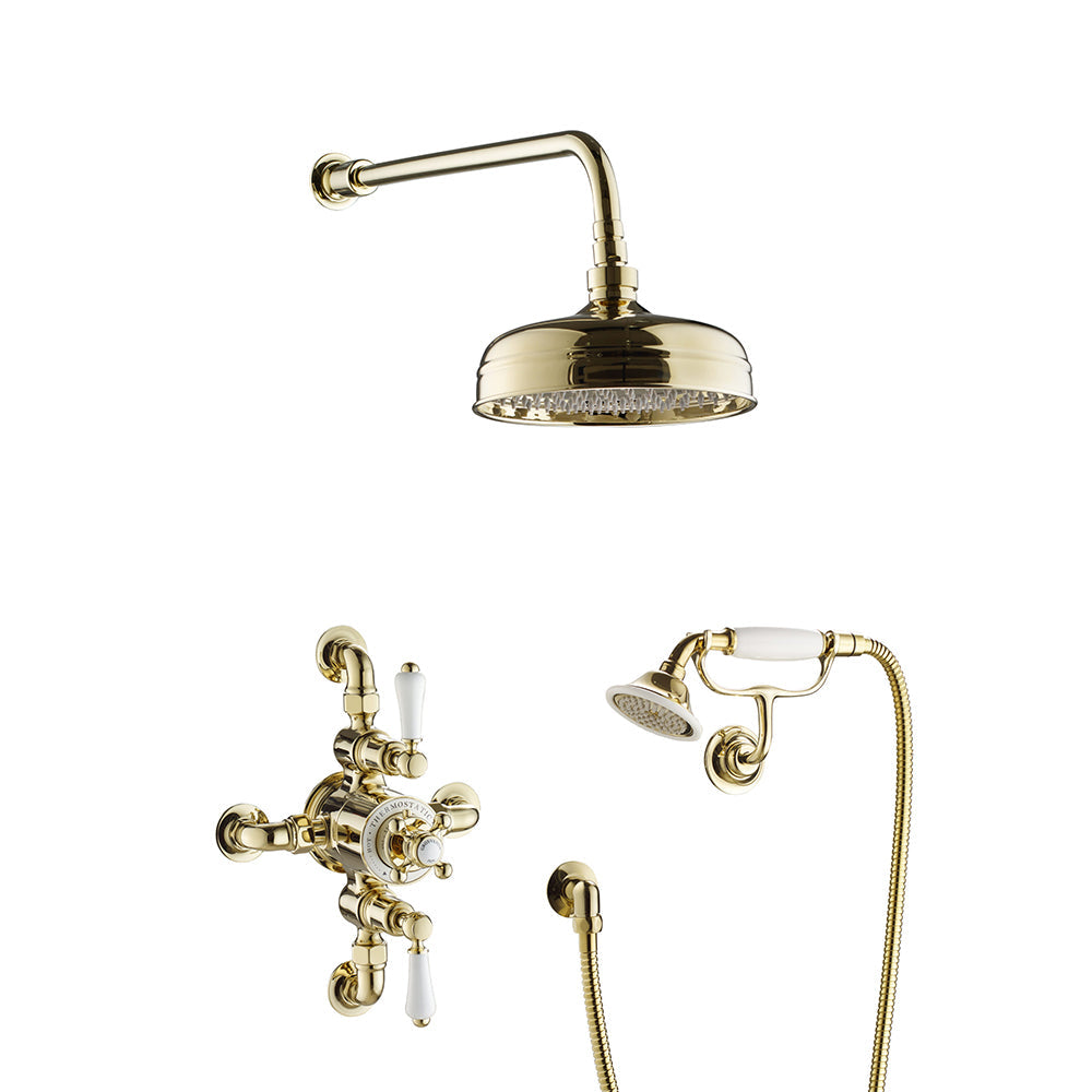 Dual Exposed Thermostatic Shower (with Valve, Elbow, Handset + Fixed Shower Head and Arm) - Antique Brass