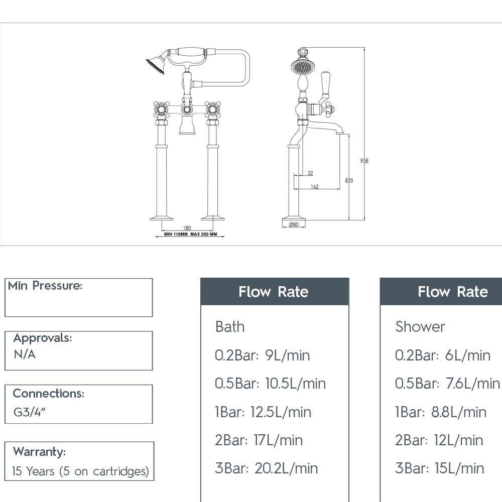 Brass floor-mounted bath tap with hand shower - Technical drawing