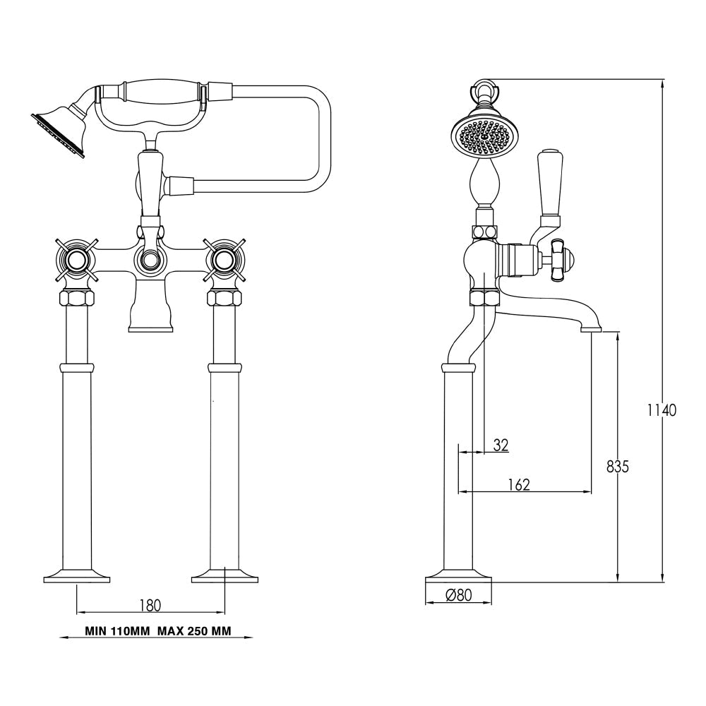 Traditional floor-mounted bath shower mixer kit - Technical drawing