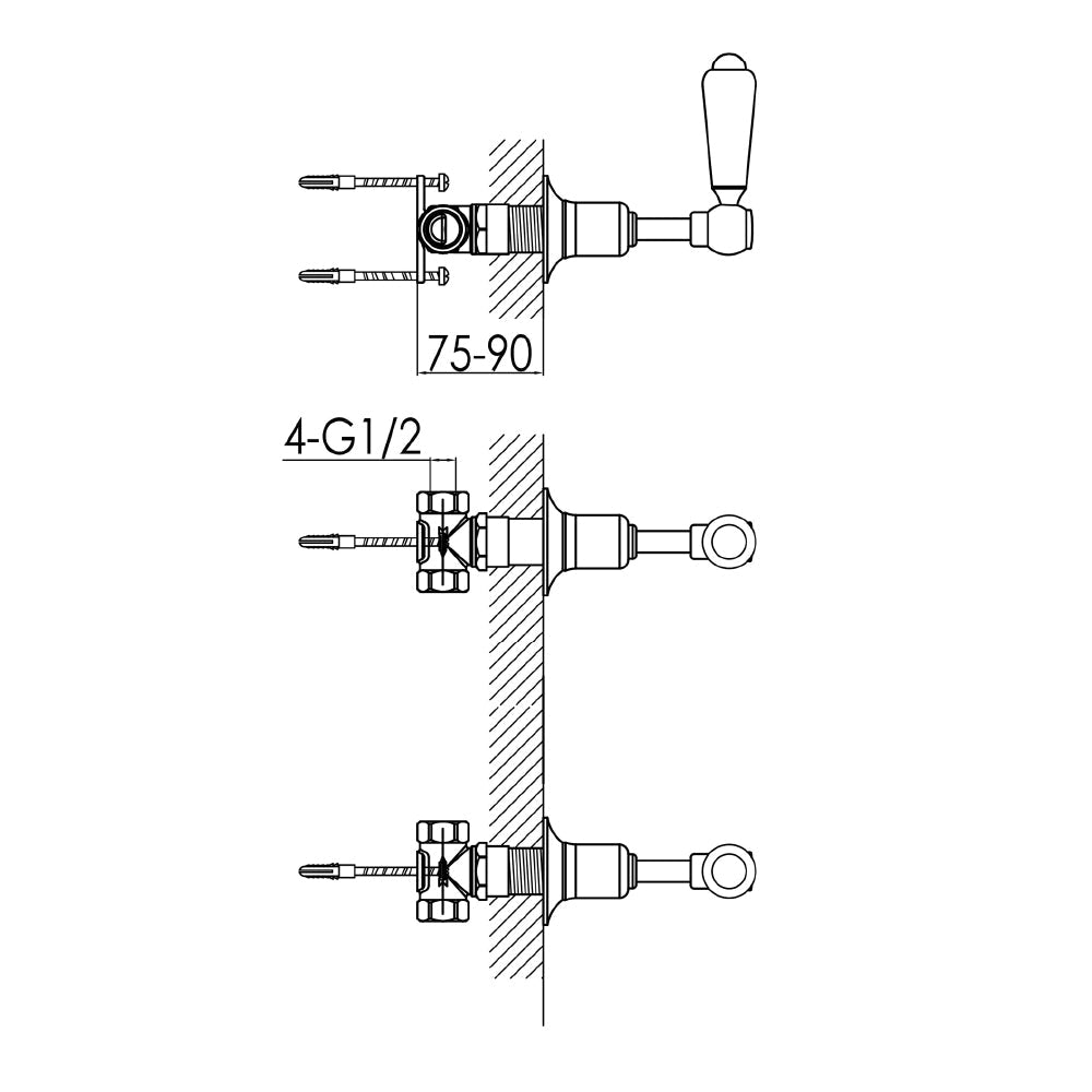 Brass wall mounted valve - Technical drawing