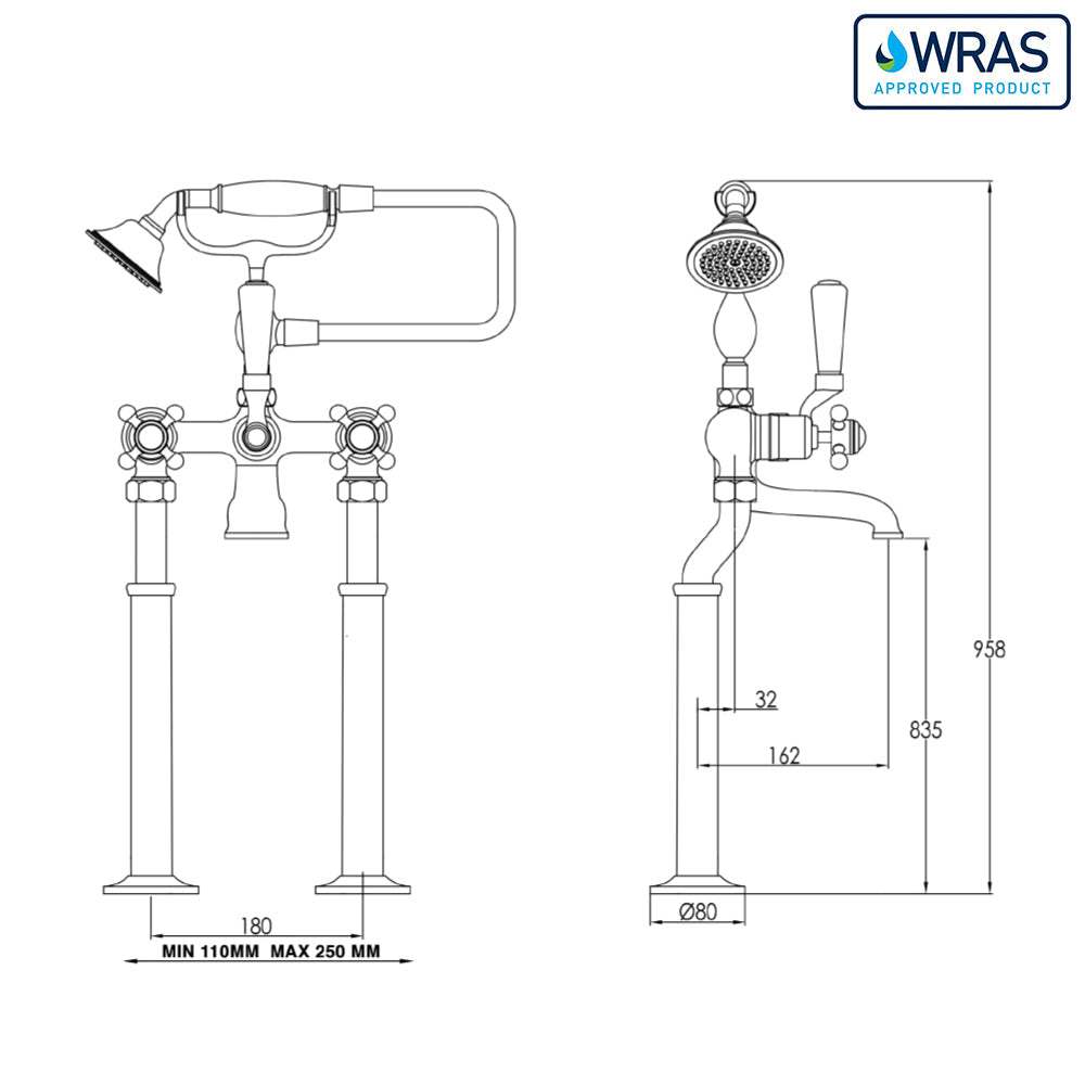 Antique brass freestanding bath tap - Technical drawing