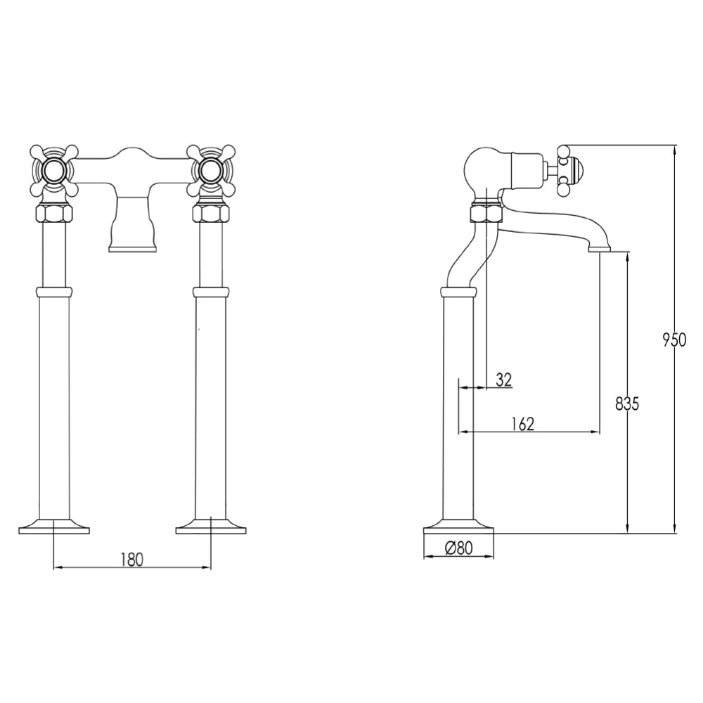 Victorian-style bath filler tap - Technical drawing