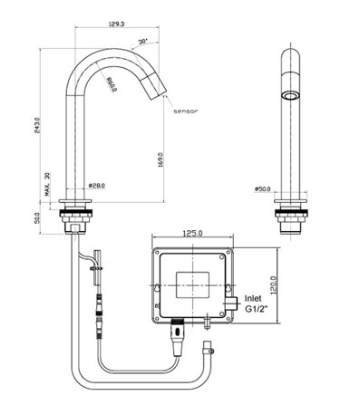Gold Deck Mounted Sensor Tap - Technical Drawing
