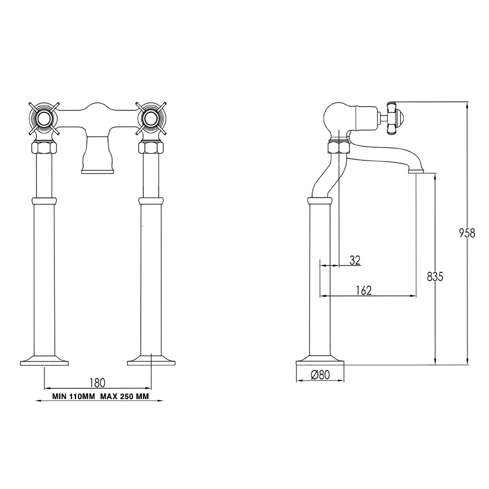 Bath filler mixer tap - Technical drawing