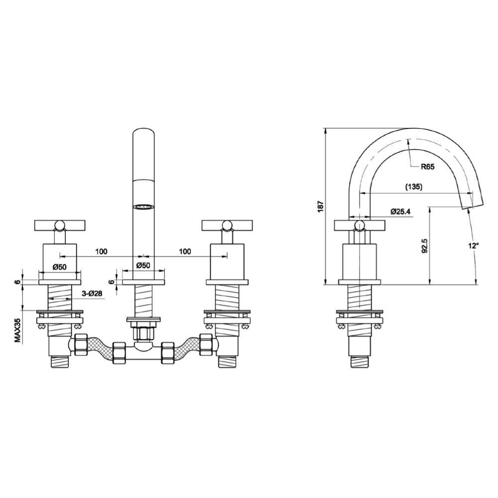 Modern gold tap for wash basin - Technical drawing