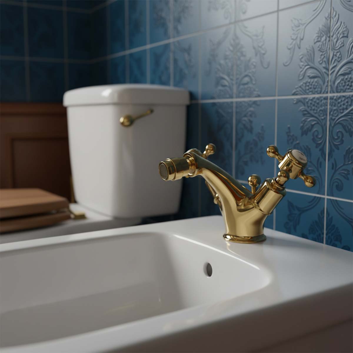 Gold Bidet Mixer Tap with Crosshead Handles and Pop Up Waste in Ireland