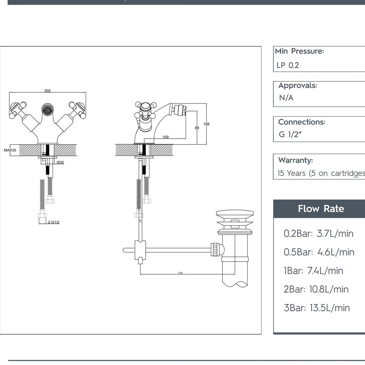 Gold Bidet Tap with Crosshead Handles and Pop Up Waste Technical drawing