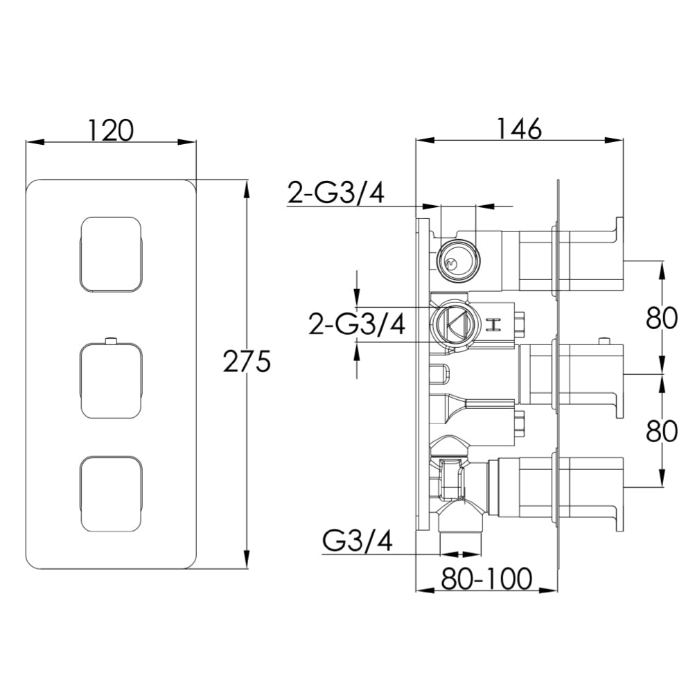 HIX Thermostatic Concealed 3 Outlet Shower Valve Technical Drawing