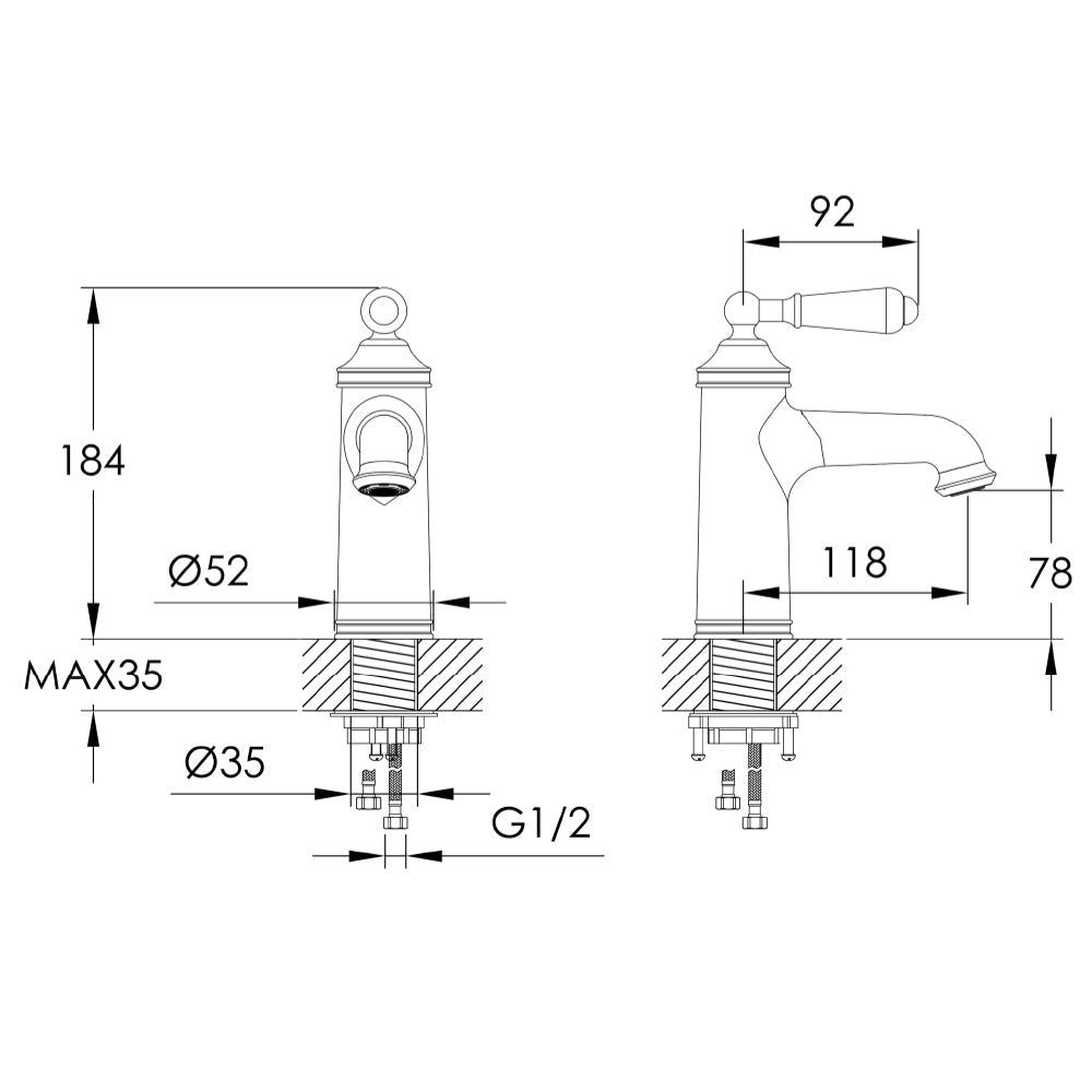 Chrome Old Fashioned Tap - Technical drawing