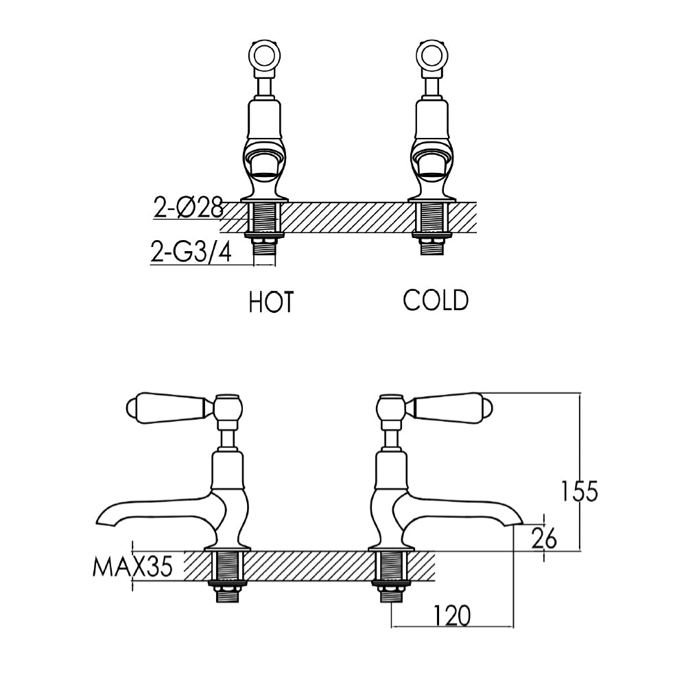 White lever handle sink pillar tap -Technical Drawing