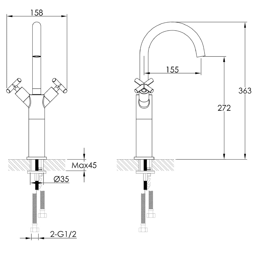 Black tap for countertop basin - technical drawing