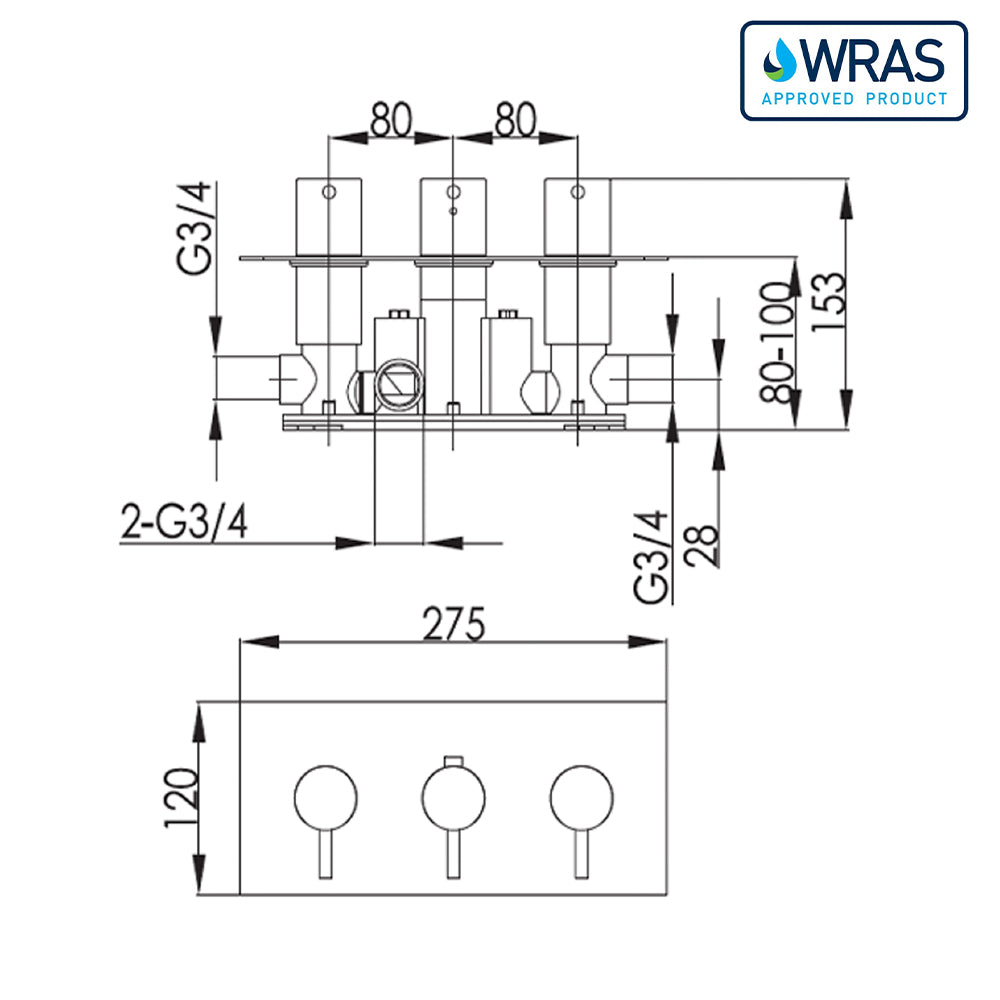 Modern 2-outlet shower valve - Technical drawing
