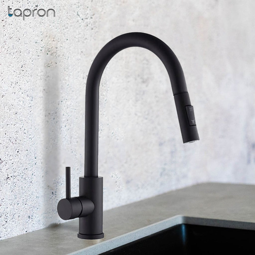 Matt black pull-out kitchen mixer tap