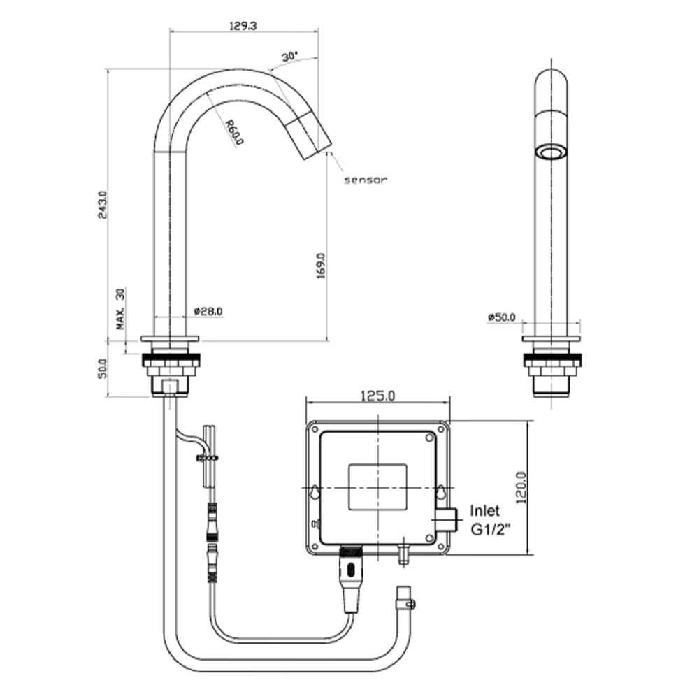 Sensor basin tap - Technical drawing