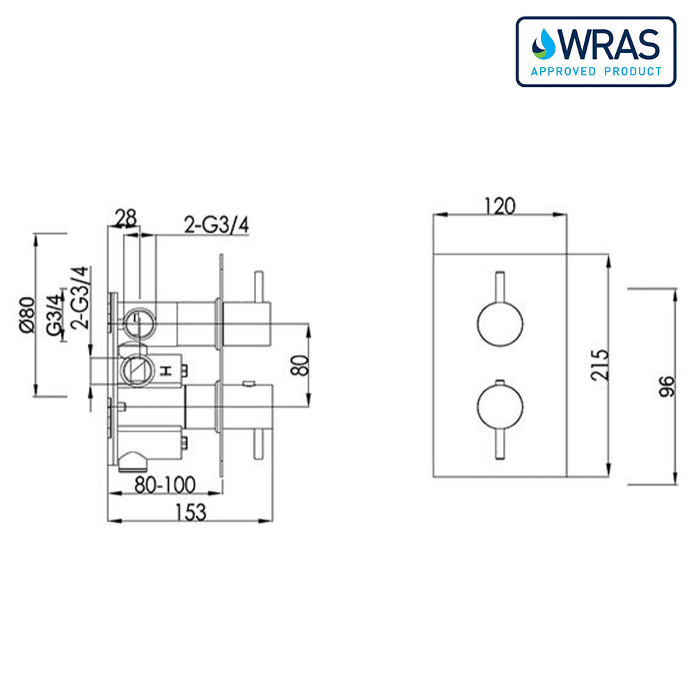 Black concealed thermostatic shower valve - Technical drawing
