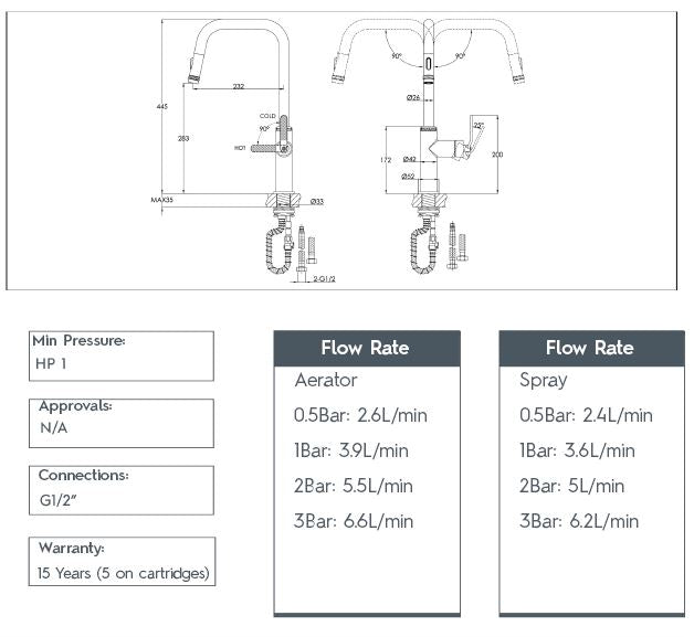 Black kitchen tap technical drawing