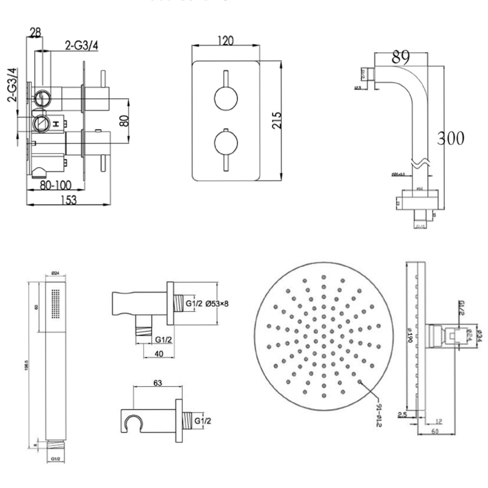 Concealed Thermostatic Shower Valve - Technical Drawing