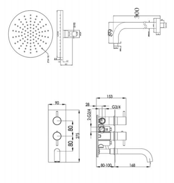Thermostatic 2 Outlet Concealed Shower Valve Kit- Technical Drawing