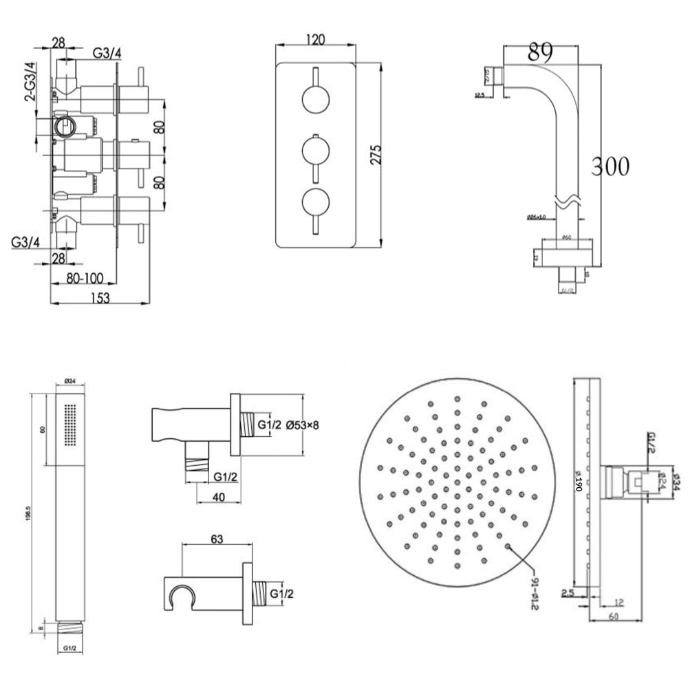 Shower Mixer, Fixed Showerhead and Handset - Technical Drawing