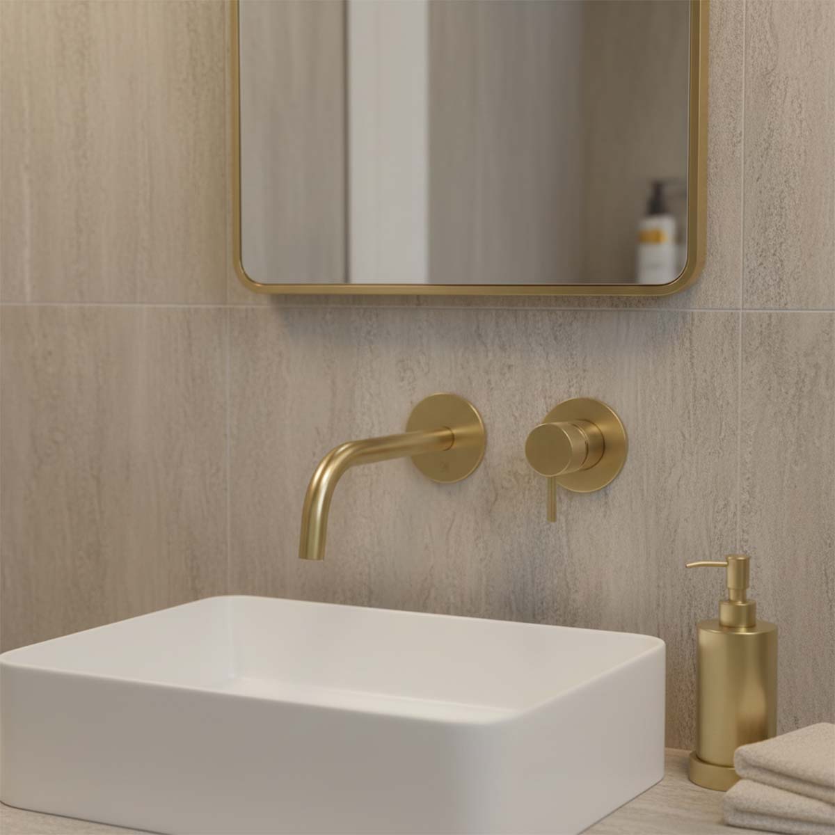Single Lever Wall Mounted Basin Mixer Tap Knurled Handle - Brushed Brass