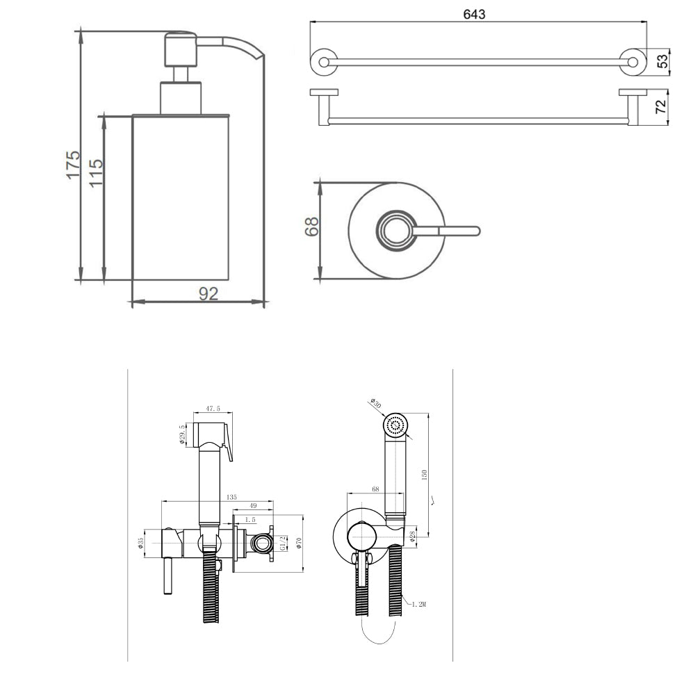 Towel rail, soap dispenser and douche kit - Technical drawing