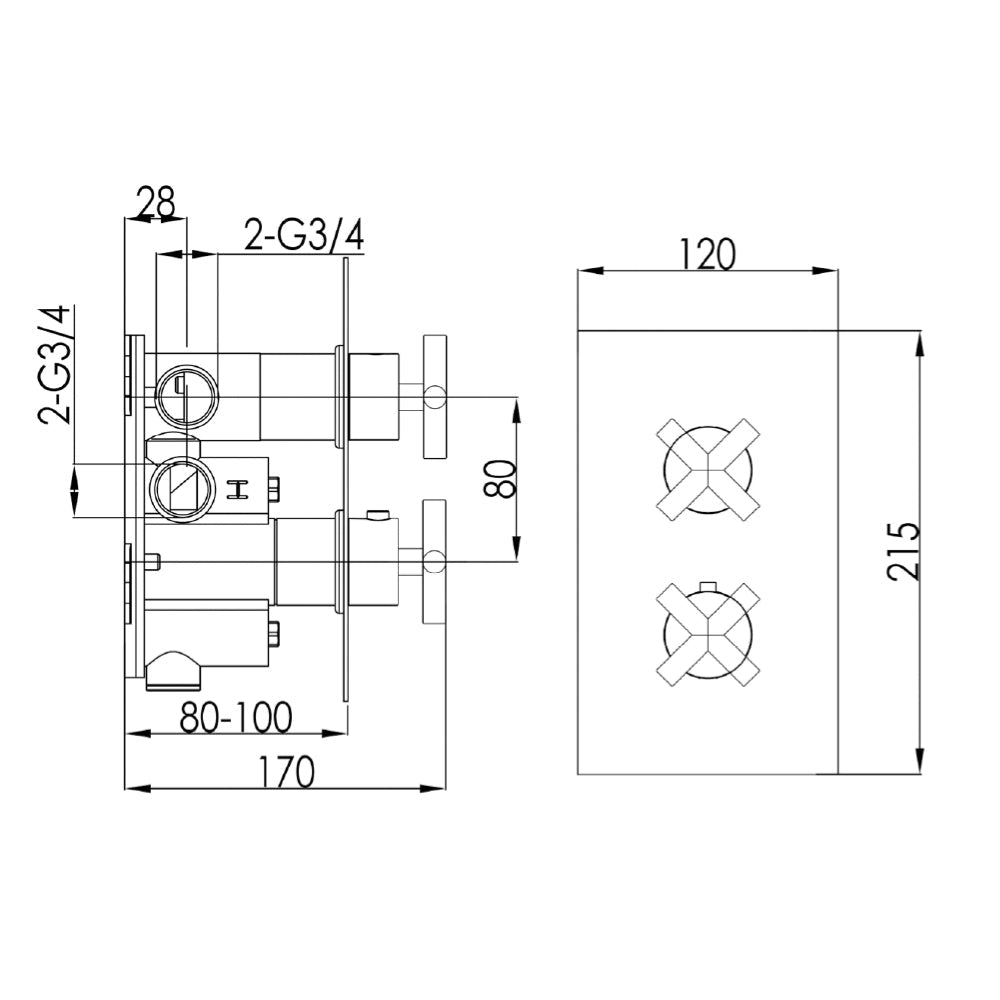 Two outlet shower valve - Technical drawing