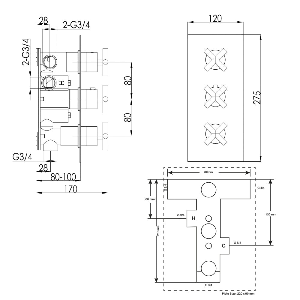 3 way shower valve - Technical drawing