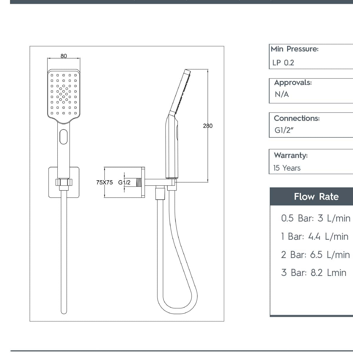 Square Multi Function Shower Handset with Hose and Water Outlet