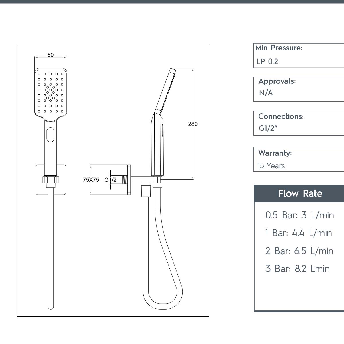 Square Multi Function Shower Handset with Hose and Water Outlet