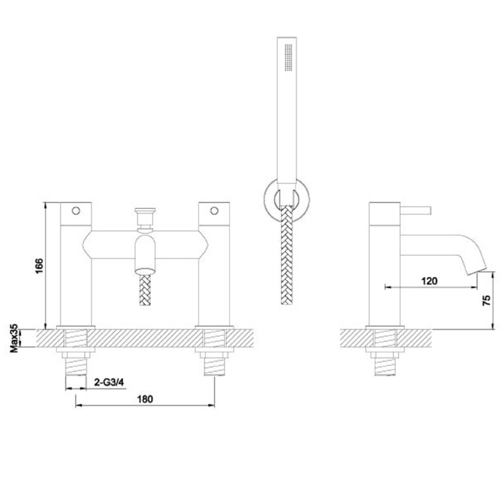Brushed steel 2-outlet bath shower mixer tap kit - Technical drawing