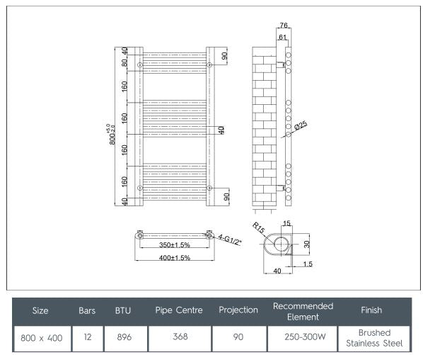 stainless steel towel rail radiator technical drawing