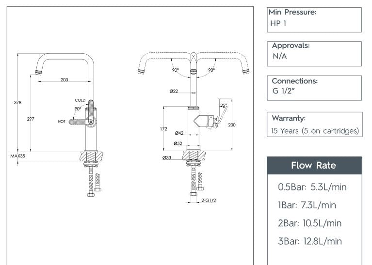 Black kitchen tap technical diagram