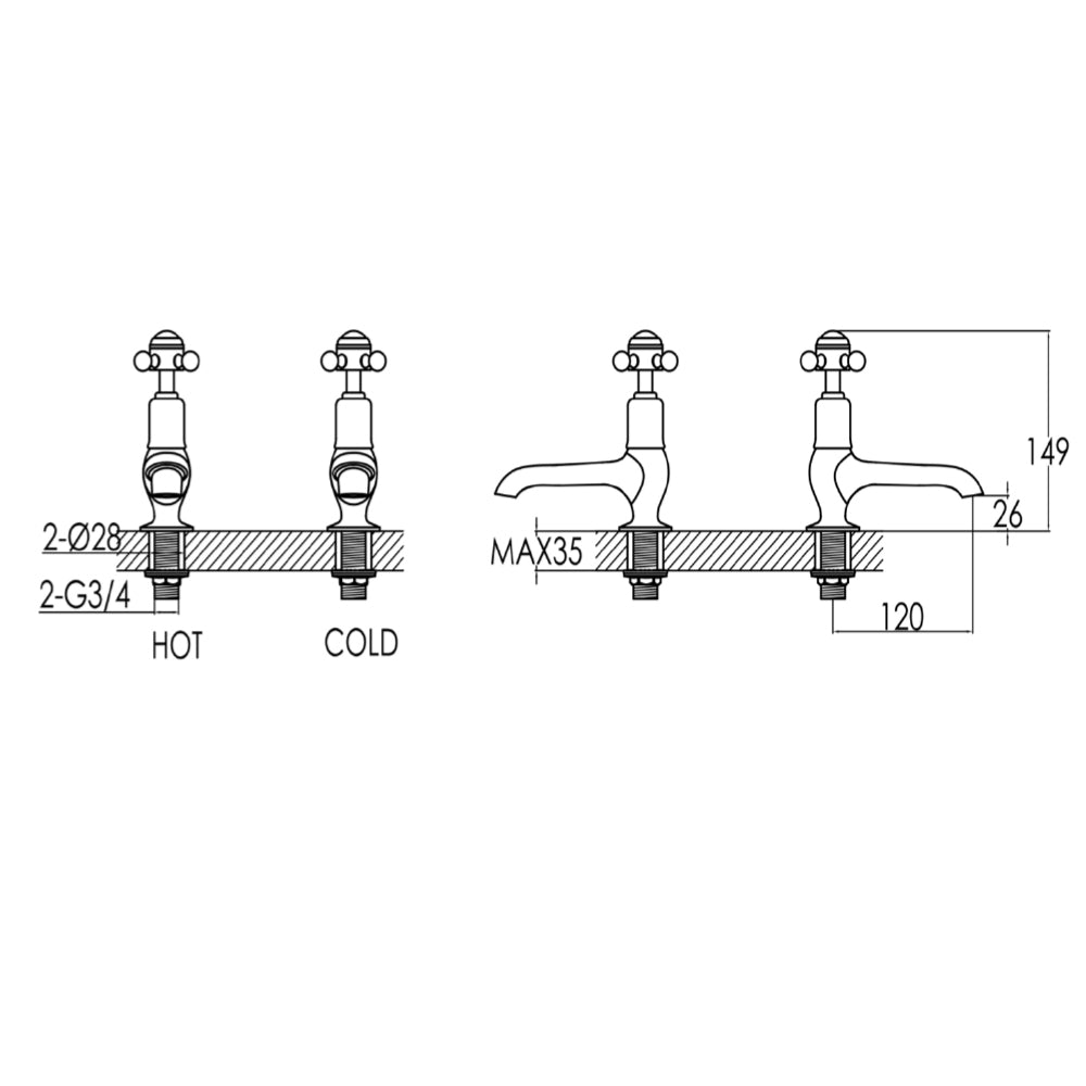 Traditional basin pillar tap - Technical drawing