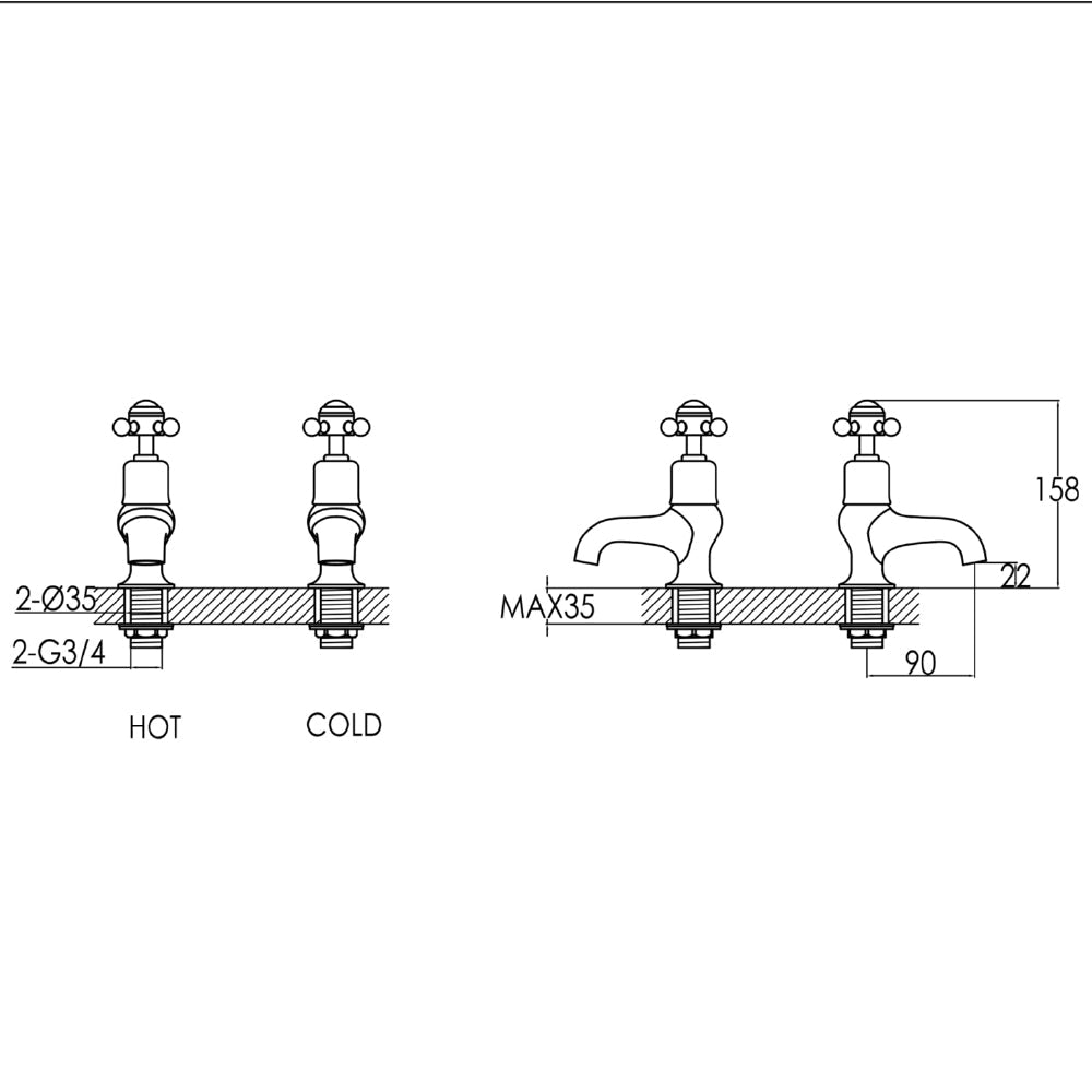 Brass traditional pillar bath tap - Technical drawing