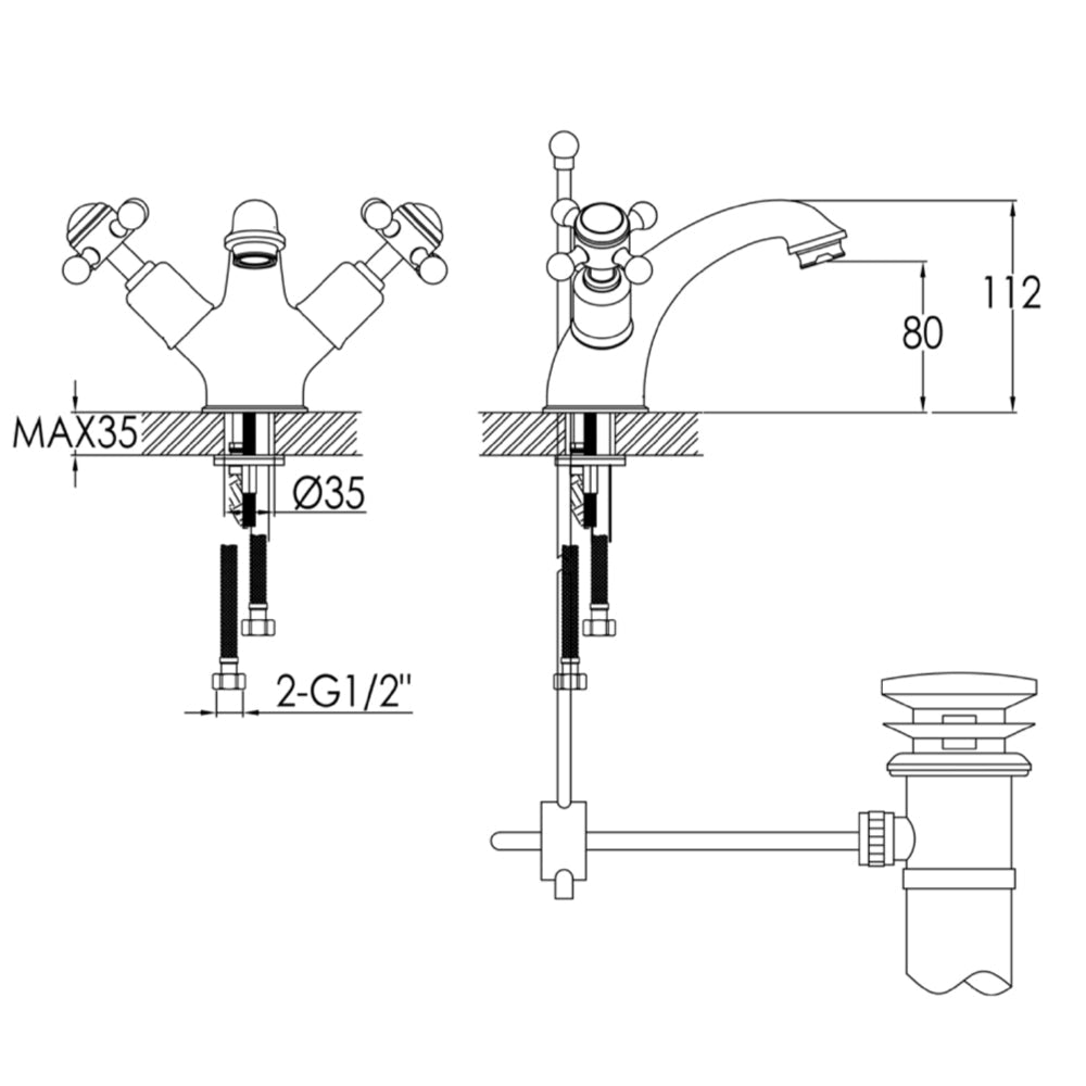 Brass basin mixer tap with pop-up waste - Technical drawing