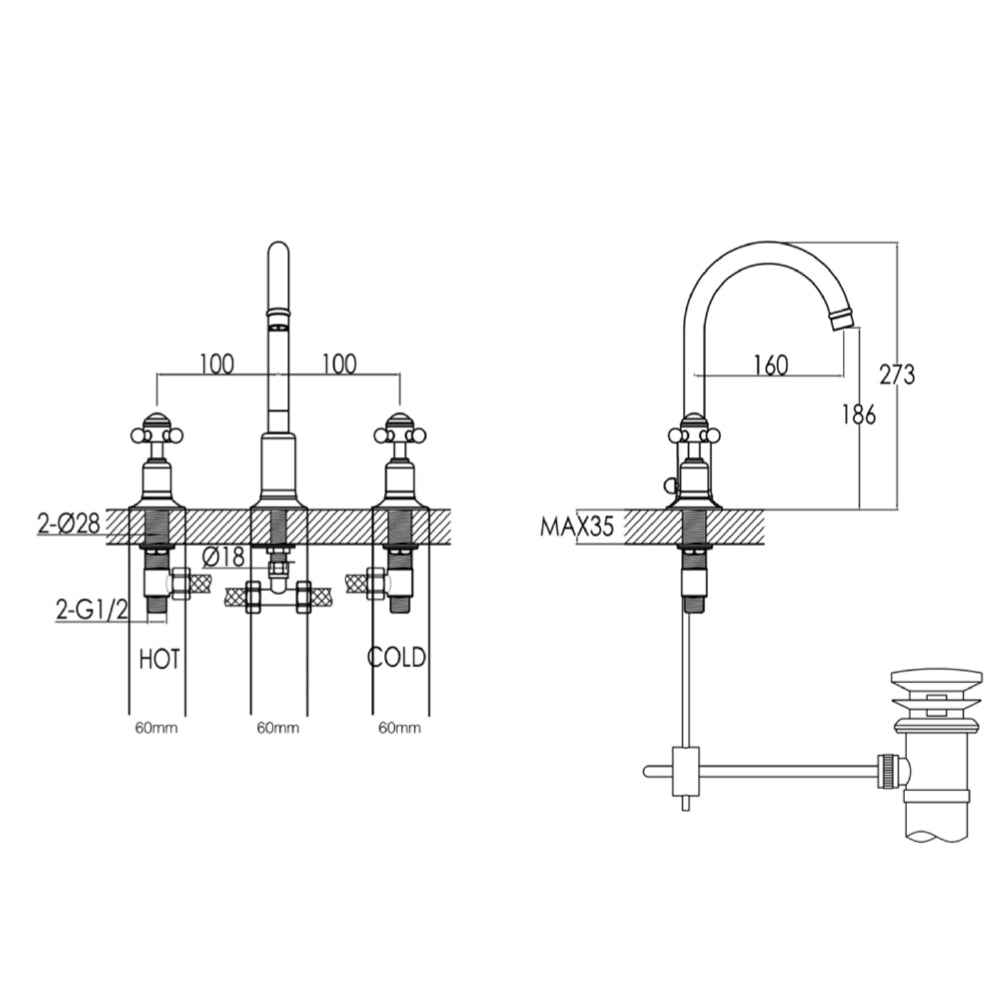 Brushed brass 3 hole sink tap- Technical drawing