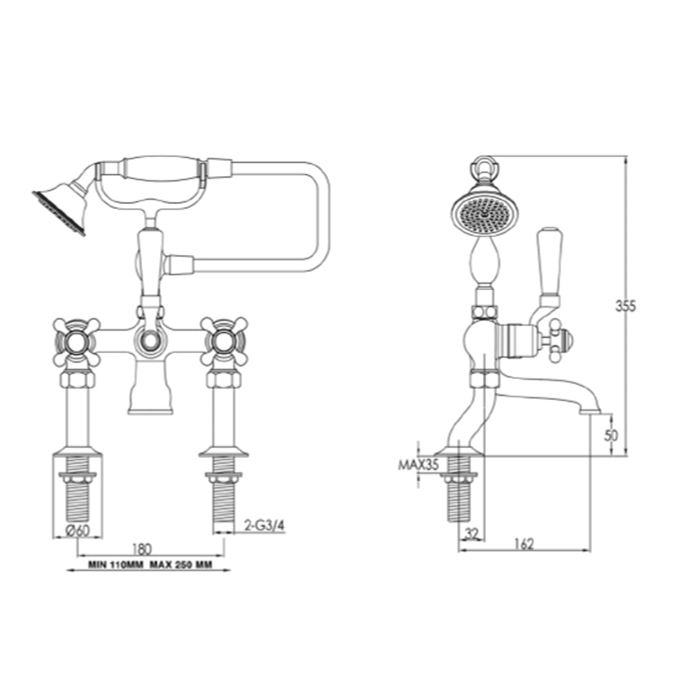 Brass bath tap with shower handset - Technical drawing