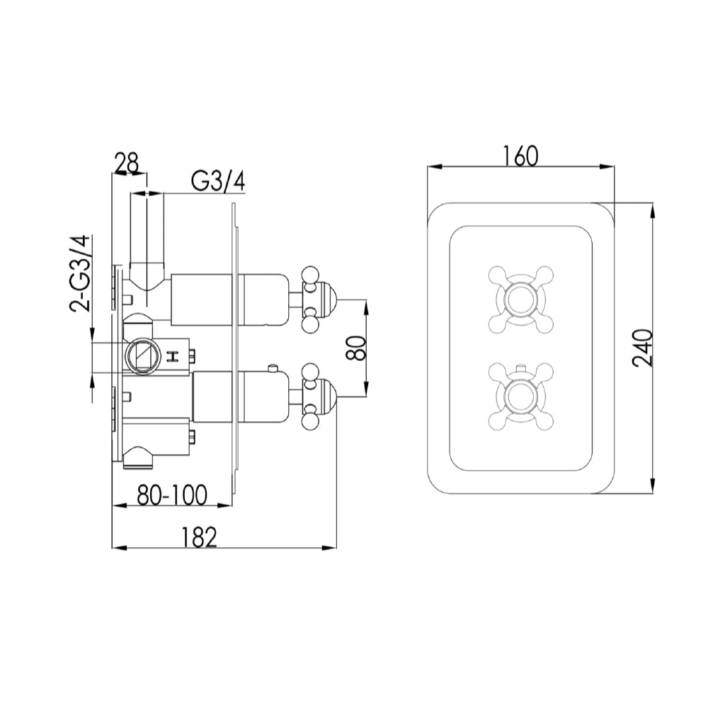 Thermostatic concealed 2 outlet shower valve - Technical drawing