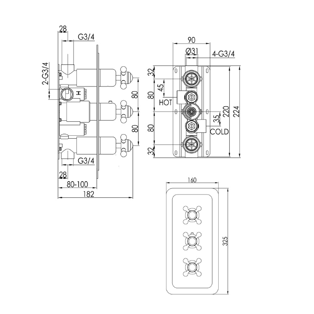 Gold 2 outlet shower valve - Technical drawing
