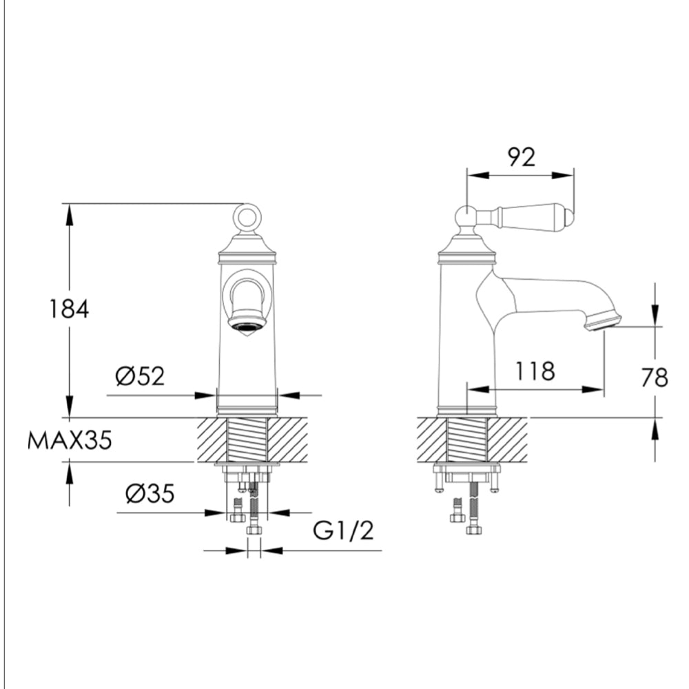 Brass traditional bathroom sink tap - Technical drawing