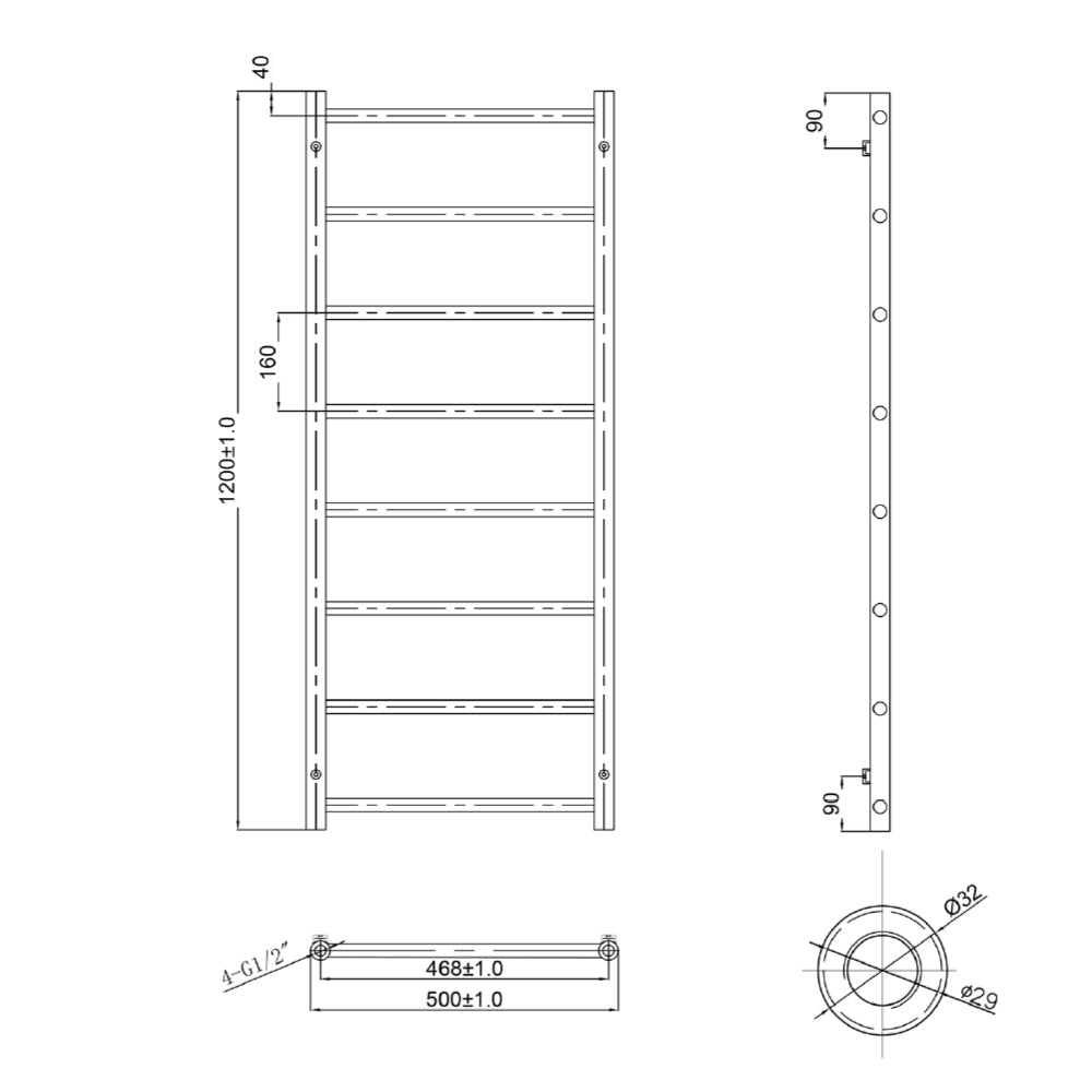 Black towel radiator rail 1200 x 500 matt finish