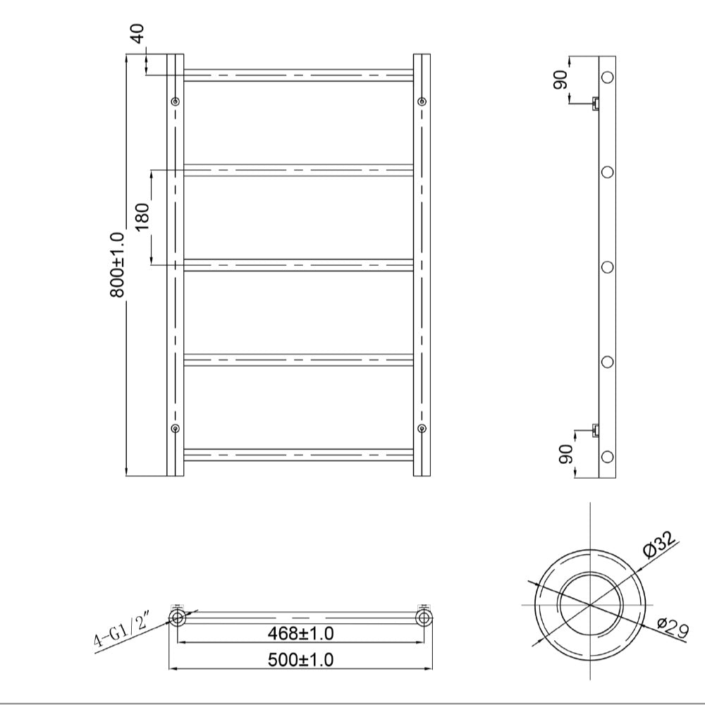 Black heated towel rail 800 x 500 mm