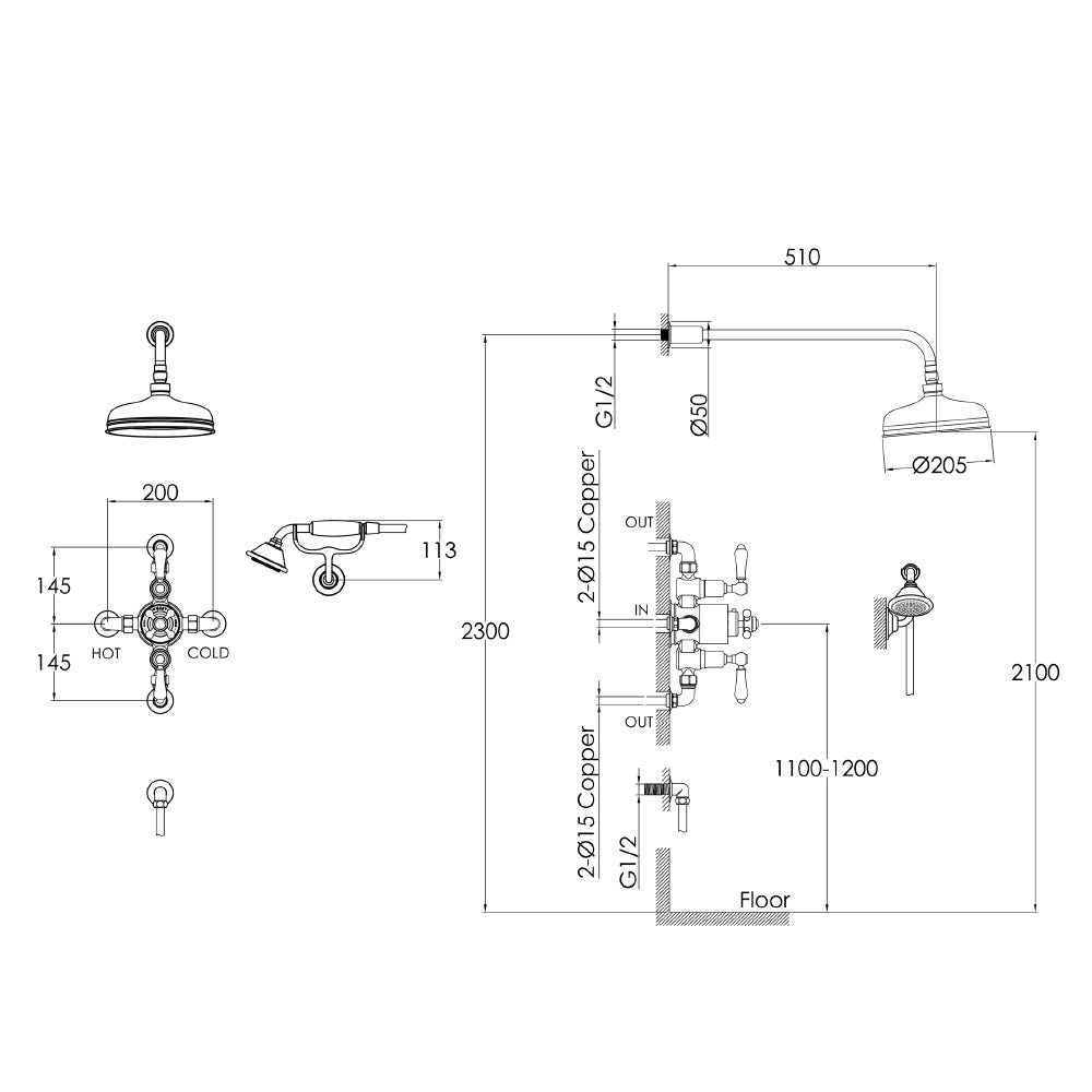 Exposed Thermostatic Shower (with Valve, Elbow, Handset + Fixed Shower Head and Arm) - Antique Brass - Technical Drawing
