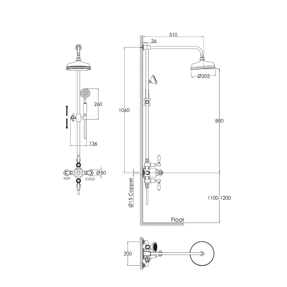 Rigid Riser with Exposed Valve, Handshower and 200mm Shower Head and Arm - Technical Drawing