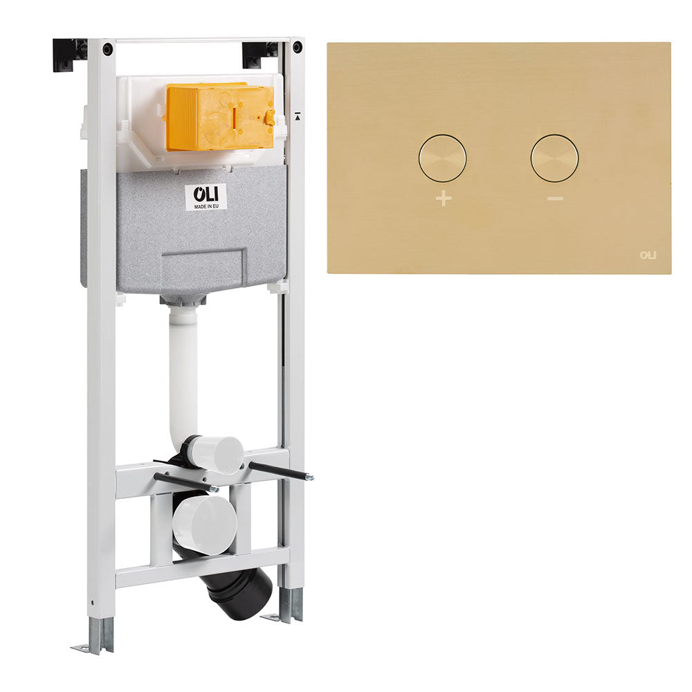 Concealed cistern frame with brushed brass dual flush plate