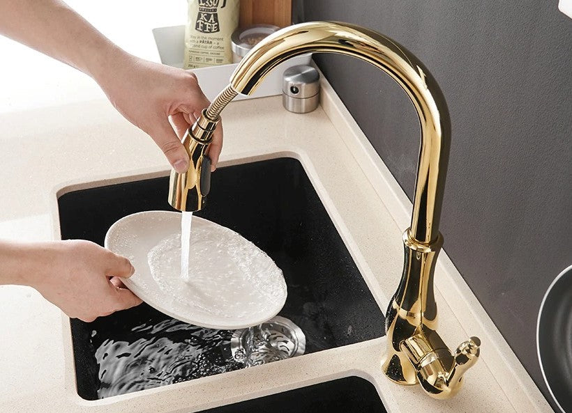 Brass kitchen mixer tap with pull out flexible spray