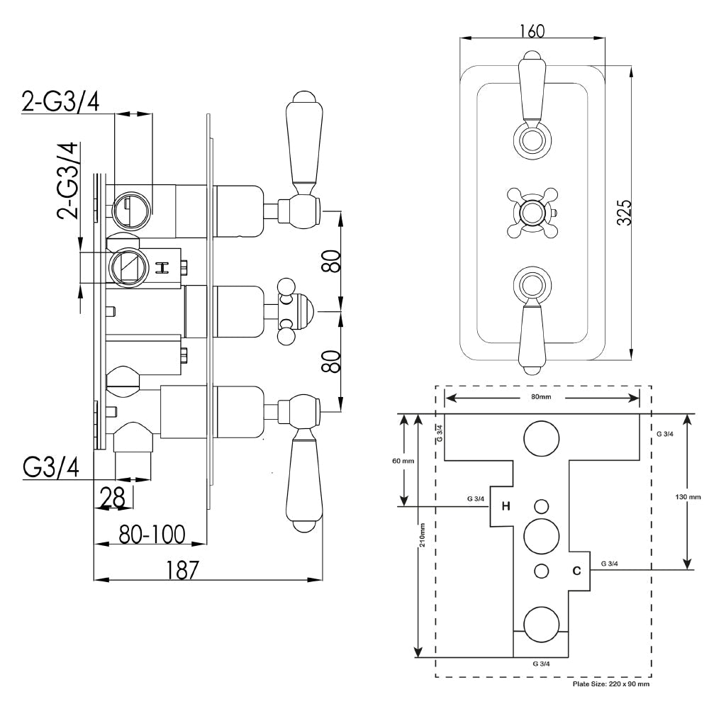 Polished chrome shower valves - Technical drawing