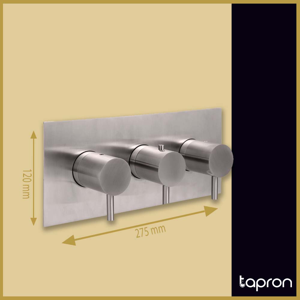Brushed Stainless Steel Horizontal Thermostatic 3 Outlet Shower Valve - Dimension
